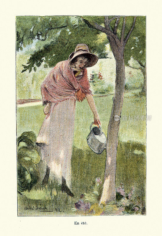Andre Sinet，夏天给树浇水的年轻女子，园艺，维多利亚艺术，1890年代，19世纪